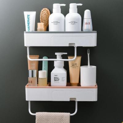 Bathroom Shelf Shower Caddy Organizer Wall Mounted Shampoo Rack With Drawer Towel Bar No Drilling Kitchen Storage Accessories