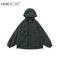 【Huieson】เสื้อแจ็คเก็ตกลางแจ้งผู้ชาย,เสื้อแจ็คเก็ตทรงหลวมมีฮู้ดหลายกระเป๋าเสื้อแจ็คเก็ตทันสมัย