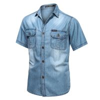 Men Light Blue Mens Denim Shirts Short Sleeve Thin Cotton Slim Elastic Jeans Denim Shirts Men Summer High Quality Pockets Shirt