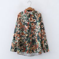 European and American style womens new flower print loose lapel long-sleeved fashion shirt