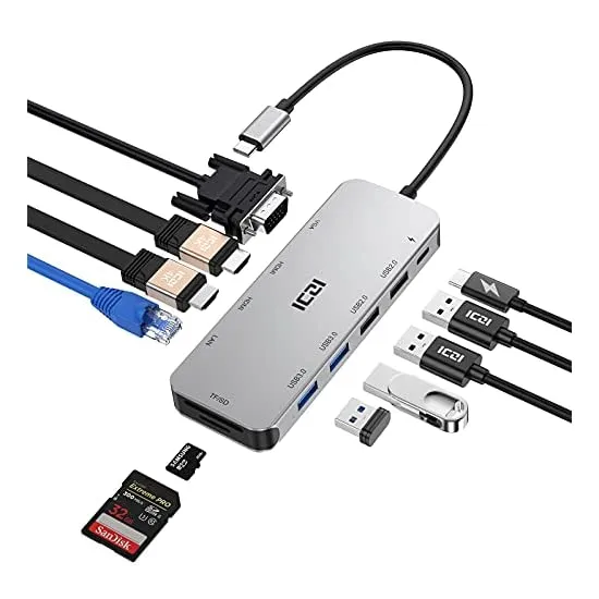 Dual HDMI ICZI USB C Hub 11-in-1 Type C Hub Tryple Display 4K 30Hz HDMI ...