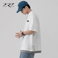 2Rz Mens Summer New Mens Short-Sleeved T-Shirt Fashion Brand Fake Two-Piece Waffle Drawstring Decoration Hong Kong Style Casual