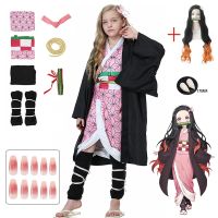 ✥◎● PizzaBurger Kamado Nezuko Costume Anime Demon Slayers Kimono Kimetsu No Yaiba Wig Uniform Kids