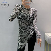 YIMEI เสื้อพิมพ์ลายสำหรับผู้หญิงสไตล์แขนยาวใหม่2023ฤดูใบไม้ร่วงออกแบบแฟขั่นความยาวปานกลางแยกเสื้อยืด