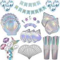 【CW】 Mermaid Theme Birthday Iridescent Sparkle Shell Paper Plates Party Dish Tableware For Baby Shower Wedding Party Supplies Balloon