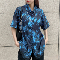 QWEEK Gothic Shirt Women Tie Dye Print Beautiful Blouses Harajuku Cardigan Button Up Tops Short Sleeve Oversized Streetwear Kpop