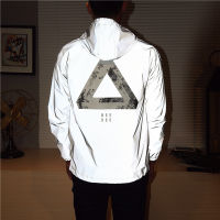 Men Spring New full reflective Windbreaker Jacket male Streetwear hip hop printed Loose Hooded Coats fluorescent clothing