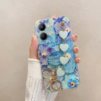 เคสมือถือสำหรับ VIVO Y36 Y78 แฟชั่นบลูฝาหลังอ่อนนุ่มสีน้ำมันภาพวาดดอกไม้ + สร้อยข้อมือความรักป้องกันสำหรับ VIVO Y36 Y78 โทรศัพท์