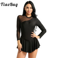 TiaoBug Women Mesh Splice Shiny Dance Figure Skating Costume Adult Long Sleeve Ballet Gymnastics Leotard Dress Stage Dance Wear