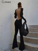 Cutenew Solid Black Sexy Backless Bodycon ขากว้าง Jumpsuit ผู้หญิงฤดูใบไม้ร่วงลําลอง บาง แขนยาว O-Neck Playsuit Lady Streetwear▥