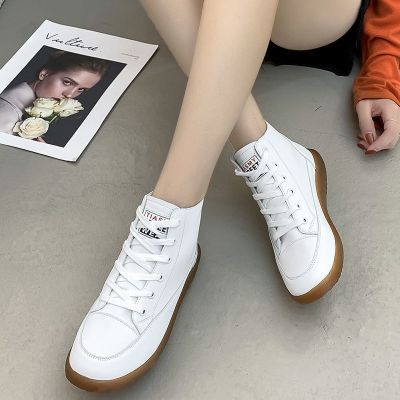 ㍿✷❖ Soft Leather High-top Cotton Shoes Tendon Soft-soled Sneakers Low-heeled Lace-up All-match Shoe