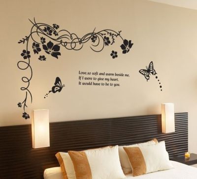 Big Wall Sticker Black Flower Vine Butterfly 47*27IN Removable Creative Decals