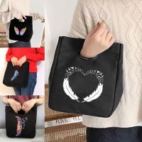 ◐﹍♝ Child Thermal Lunch Box Tote Bags Feather Print Office Packed Food Women Travel Picnic Portable Refrigerators Handbag Cooler Bag