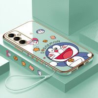 เคสพร้อมปลอกสำหรับ Samsung M14 5G M14 5G (ฟรีสายคล้อง) ลายการ์ตูนน่ารักโดราเอมอนขอบสี่เหลี่ยมแมวมีความสุขปลอกชุบเคสโทรศัพท์เคสโทรศัพท์นิ่มชุบหรูหรา