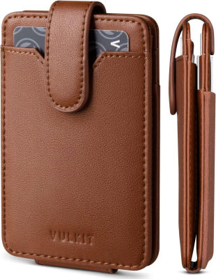 VULKIT Slim Leather Wallet for Men Credit Card Holder with Elastic Pocket RFID Blocking Front Pocket Wallet with ID window (Brown)