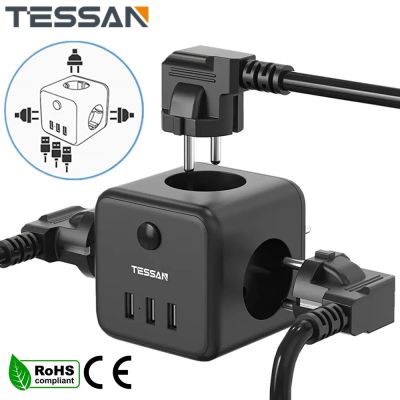 【NEW Popular】 TESSAN EUPlugStrip Black Cubewith3Outlets 3พอร์ต USB WallExtender Adapter สำหรับบ้าน