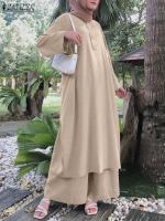 ZANZEA Muslim Fashion Matching Sets Islamic Clothing Summer Blouse Women Causal Pant Sets Turkey Abaya Dubai Outfits Pantsuits