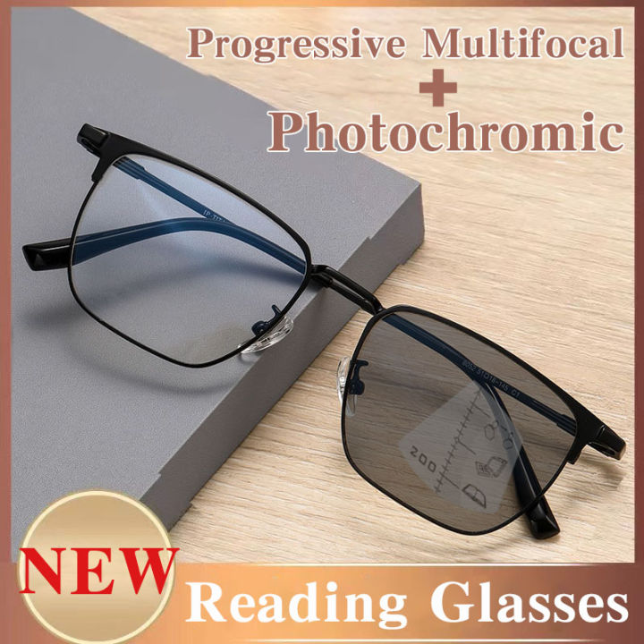 4 In 1 Photochromic Progressive Multifocal Reading Glasses Men Anti Blue Light Presbyopia 2626