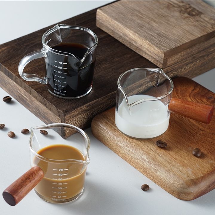 ถ้วยวัดเอสเพรสโซ่ด้ามไม้50-75-100มล-อุปกรณ์กาแฟปากเหยือกนมลาเต้คู่แก้วน้ำดื่มในครัว
