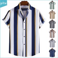 CODCheng Yuan Kemeja Lelaki Summer Short Sleeve Men Shirt Striped Casual Vocation Beach Trip Baju Kemeja Lelaki