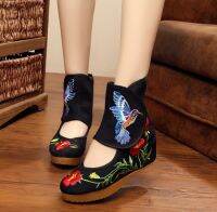 Veowalk Ankle Wrap Women Casual Boots Hummingbird Chinese Noble Mary Janes Inside Increased Embroidery Pumps Cloth Shoes