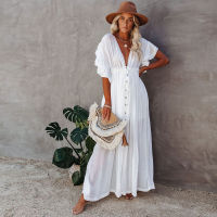 Women Swimsuit Cover Ups Mandarin Sleeve Kaftan Beach Tunic Dress Robe De Plage Solid White Pareo Beach Cover-ups