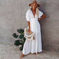 ชุดว่ายน้ำสตรี Cover Ups Mandarin Sleeve Kaftan Beach Tunic Dress Robe De Plage Solid White Pareo Beach Cover-Ups