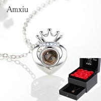 Amxiu Custom Heart Necklace 100 languages I love you Projection Necklace Zircons Crown Pendants 925 Silver Necklace For Women