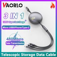 VAORLO สาย USB C 3 IN 1 6A สายที่ชาร์จความเร็วสูงหดได้ยาว1.2ม. 100W สาย USB Type-C สำหรับสาย Huawei Micro Android สามารถใส่ได้กับ iPhone 14 13 12Pro