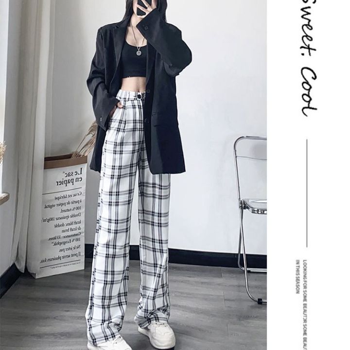 female-chic-women-simply-plaid-pockets-casual-straight-pants-elastic-waist-lace-up-summer-long-trousers