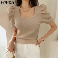 VONDA เสื้อฤดูร้อนแขนสั้นคอวีผู้หญิง,เสื้อฟองสง่างามแบบลำลองเสื้อ (ลำลองเกาหลี)