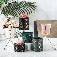 Ins Marble Gold Pattern Succulent Round Pot Iron Ceramic Flowerpot Makeup Pen Holder Simulation Flower Hydroponic Container Set