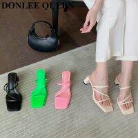 Fashion Slippers Square Med Heels Women Sandals Slip On Narrow Band Slides nd Shoes Outdoor Flip Flops Casual Sandalias Mujer