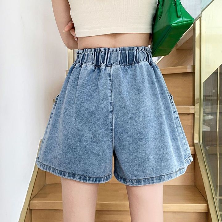 กางเกงขาสั้นเอไลน์เอวสูงสำหรับผู้หญิงกางเกงทรงหลวม-celana-pendek-denim-ลำลอง