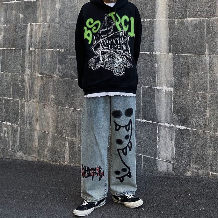 2021HOUZHOU Women Jeans Harajuku Streetwear Hip Hop Wide Leg Baggy Denim Pants Grunge Graffiti Print High Waist Casual Trousers Y2k