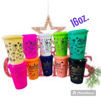 แก้ว 16 oz pp แข็ง สกรีนลาย  Merry Christmas  พร้อมฝาเรียบแข็ง คละสี  รหัส K-16/k/90