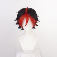 Show By Rock!! Crow Guren Cosplay Wig Short Black Red Bangs Mixed Heat Resistant Synthetic Hair Halloween Party + Wig Cap Wig  Hair Extensions Pads