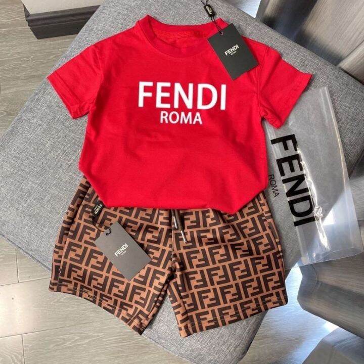 fendi-ใหม่ฤดูร้อนสบายๆสองชิ้นเด็กชายและเด็กหญิงผ้าฝ้ายกางเกงขาสั้นแขนสั้น