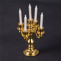 KCY ขนาดเล็ก 1/12 สีทอง Candelabra 5 เทียนสีขาวครัวบ้านตุ๊กตาของเล่น