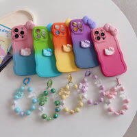 เคสโทรศัพท์ลูกแมว KT น่ารักไล่เฉดสีหลากสีลายคลื่นพร้อมสายคล้องข้อมือสำหรับ iPhone 14 Pro Max 13 Pro Max 12 Pro Max ซิลิโคนอ่อนการ์ตูนกันกระแทก Hello Kitty Cover สำหรับ iPhone 11 Pro Max 12 13 Mini XR XS