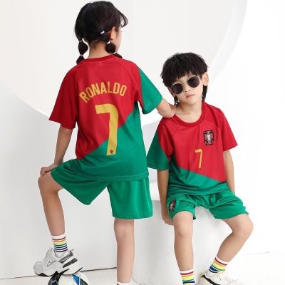 【Ready Stock】 World Cup 2022 Jersey Portugal Home Football Uniforms Tops Shorts Set Kids Soccer Wear Sports Clothing