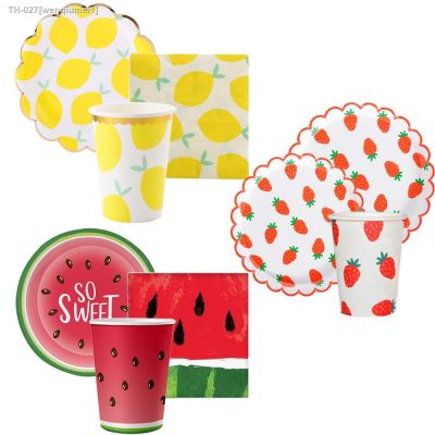 ❆ Fruits Disposable Tableware Pineapple Watermelon Strawberry Lemon Cups Plates Cake Toppers for Summer Fruit Party Supplies