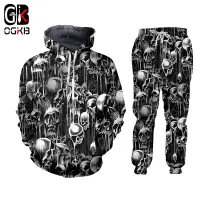 OGKB 3D Full Printed Skull Horror Hooded Jacket Pants Mens Custom Street Winter Suit Big Size Fashion Clothing Drop shipping