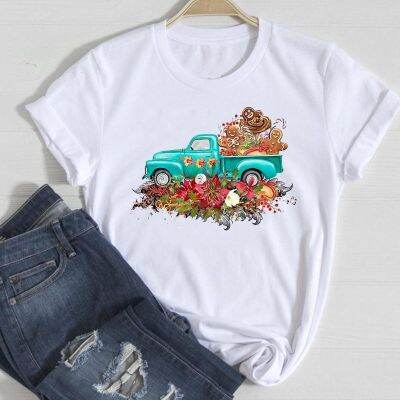 คริสต์มาส WLLTRTS0085 Merry Christmas Leopard Truck Vintage Clothes Women T-shirts Cartoon Fashion Holiday Top  Fema