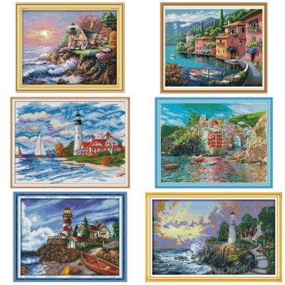 【hot】№☊  Seaside Lighthouse Scenery Kits 14CT 11CT Canvas Printing Embroidery Set Needlework Decoration Painting