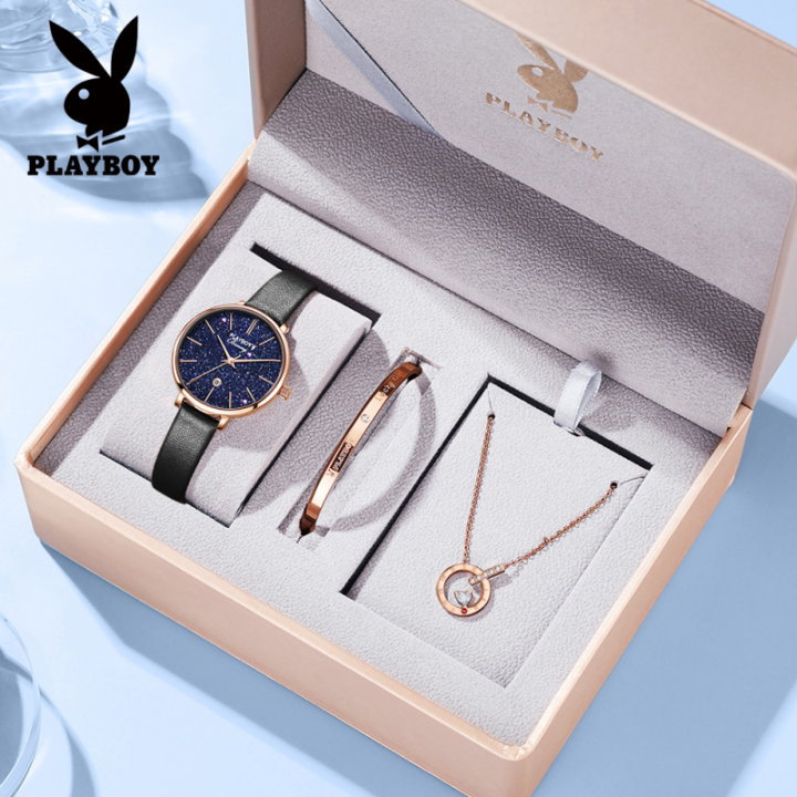 playboy-เซ็ตนาฬิกาสำหรับผู้หญิงซื้อ1แถม2ฟรีสร้อยคอกำไล2023ขายร้อน-classic-star-กันน้ำวันที่แสดง-milanese-สายรัดเหล็ก-หนัง