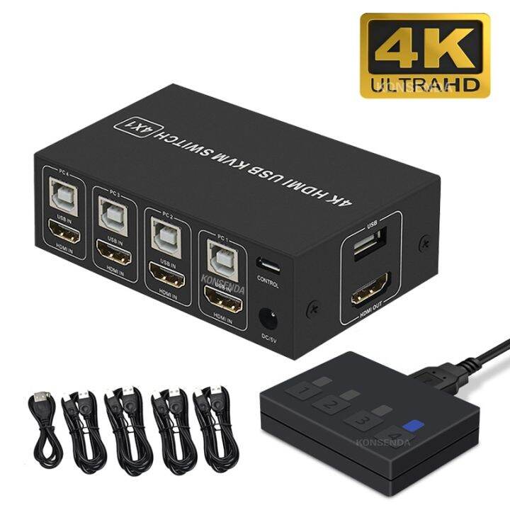 4k-สวิตช์-kvm-สำหรับ-hdmi-4-in-1-out-4k-60hz-hdmi-4x1สวิตช์-kvm-usb-สำหรับจอภาพ4แชร์พีซีคีย์บอร์ดเมาส์พร้อมตัวควบคุมเดสก์ท็อป