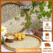 Khay mây tre đan khảm trai hình tròn cao cấp