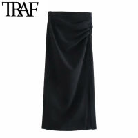 TRAF Women Fashion Office Wear Draped Pencil Midi Skirt Vintage High Waist Side Zipper Slit Hem Female Skirts Mujer