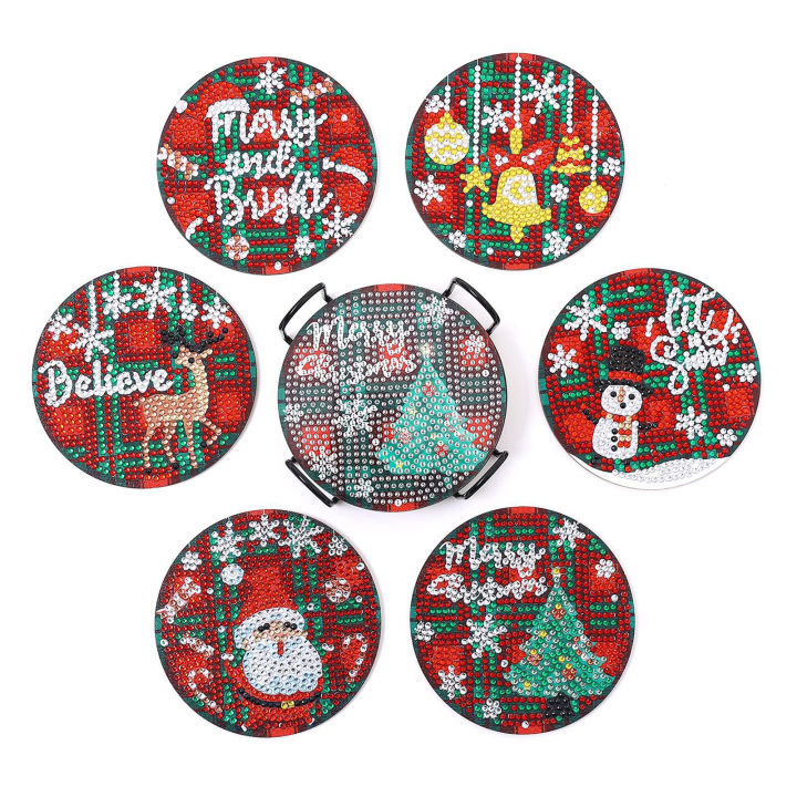 6Pcs DIY 5D-Diamond Painting Coaster Kit with Snowman and Santa